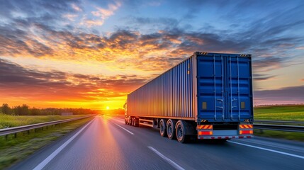 Fototapeta premium A cargo truck drives along a highway at sunset, showcasing a securely loaded container. The vibrant sky and open road highlight efficient freight transportation.