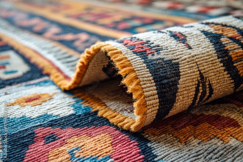 Poster a close-up of a beautifully folded rug showcasing vivid colors and intricate patterns, capturing the