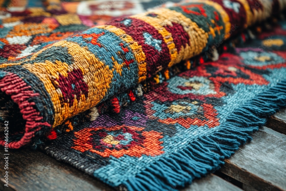 Poster a rolled section of a colorful rug showcases its rich patterns and textures, reflecting the blend of