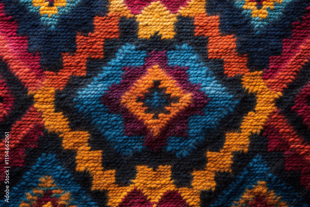 Poster a close-up shot of a vibrant geometric pattern on a rug, displaying bold colors that evoke a sense o