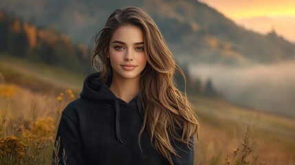 A woman wearing a royal black sweater, perfect for a sweatshirt mockup, set in a stunning outdoor hiking and camping scene. Ultra-realistic, Photo Realistic, highly detailed 