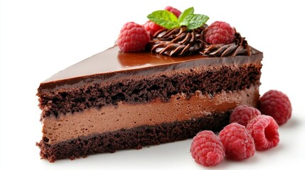 Delicious Chocolate Cake Slice with Rich Ganache and Fresh Raspberries Garnished with Mint Leaves on a Clean White Background