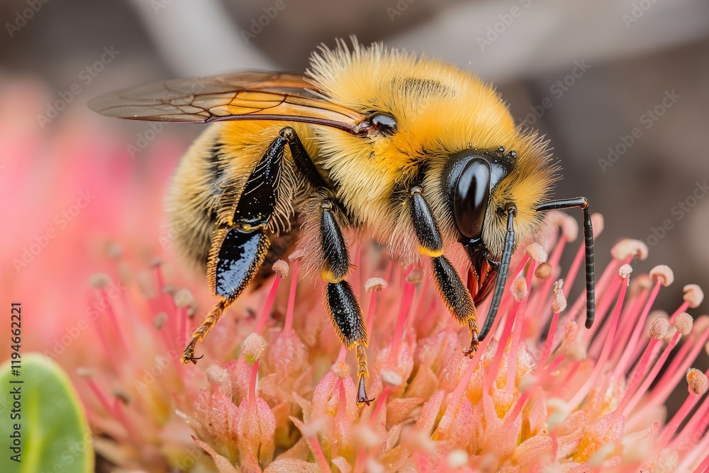 Poster a close-up macro view of a bee actively pollinating a vibrant pink flower, highlighting the intricat