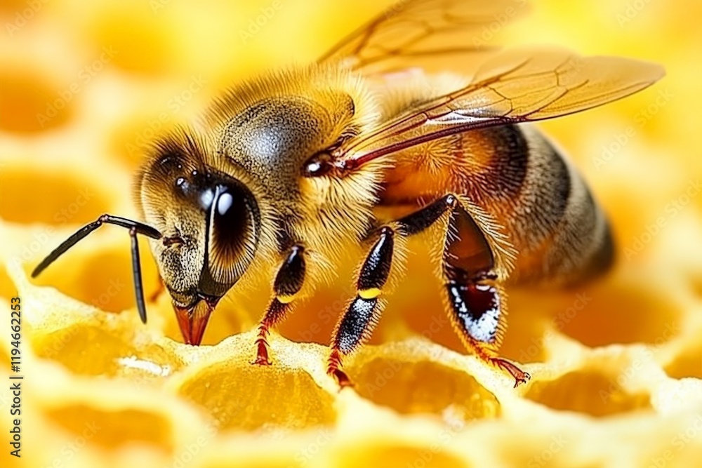 Poster A close-up photograph of a bee examining the complex and golden honeycomb structure with precision, embodying industriousness and the marvels of natural architecture.