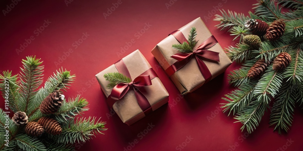 Aufkleber two wrapped gifts with evergreen branches and pine cones on red background