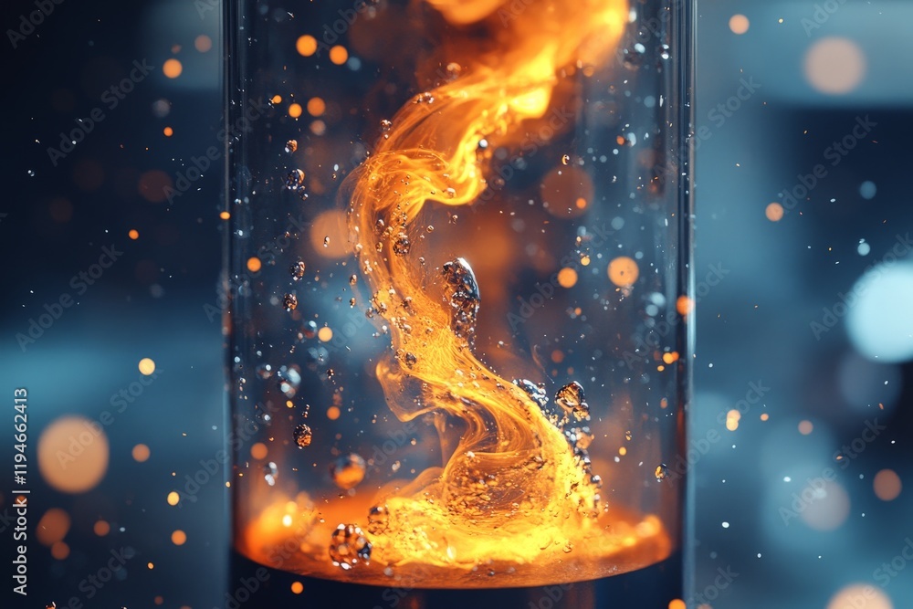 Fototapete An abstract image of a fiery swirl with glowing, bokeh elements, creating a dynamic, energetic composition with a rich play of colors and textures.
