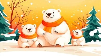 Cheerful Polar Bears in Cozy Scarves Against a Winter Wonderland Background