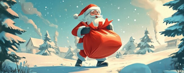 Naklejka premium Santa Claus carrying a large red gift bag, cheerful holiday scene, traditional Christmas vibes.