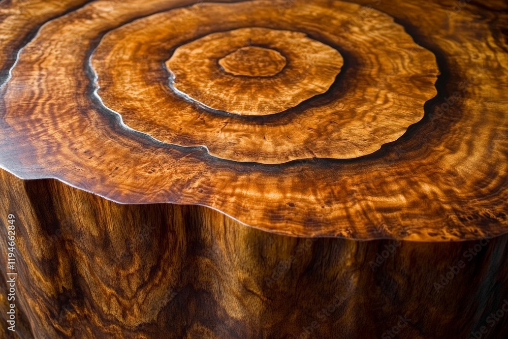 Poster a polished wooden tabletop displays concentric grain rings. the circular pattern and smooth finish e