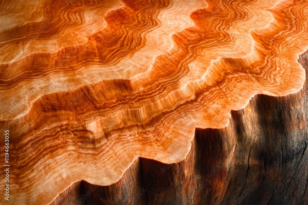 Poster this image features a wooden surface with vivid, undulating layers that create a textured play of li