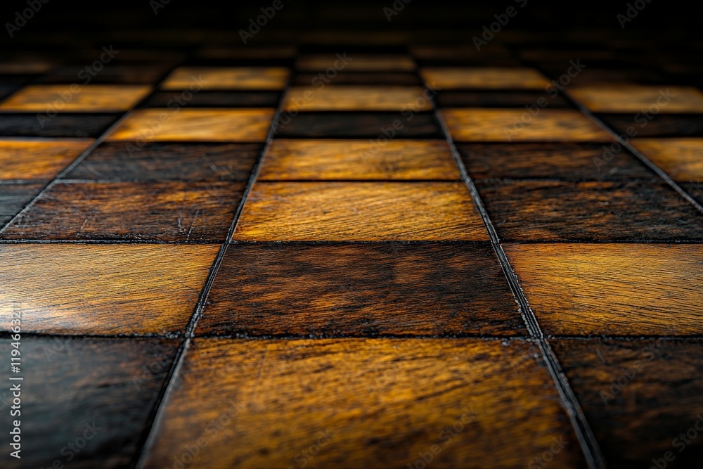 Poster wooden checkerboard tiles enhanced by deep shadows, amplifying its intricate patterns. the dark tone