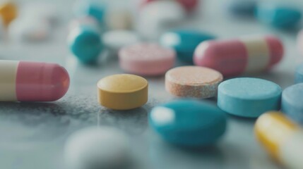 Multicolored pills and capsules are dispersed on a flat surface, showcasing different shapes and sizes commonly used as medications