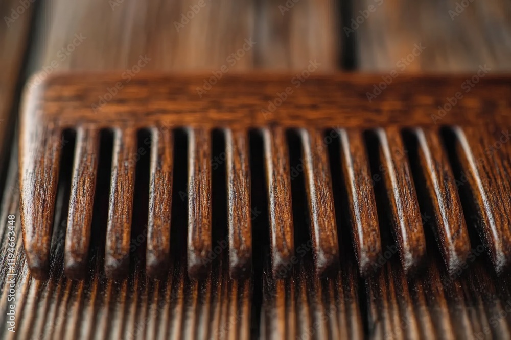 Poster the image depicts a close-up view of a finely crafted wooden comb resting on a textured wooden table