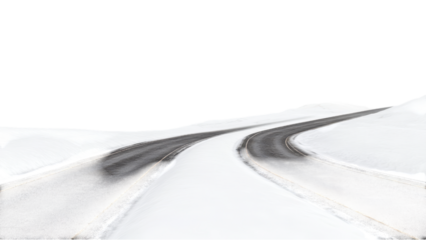 Snowy Mountain Range, Curving snow-covered road in a winter landscape.