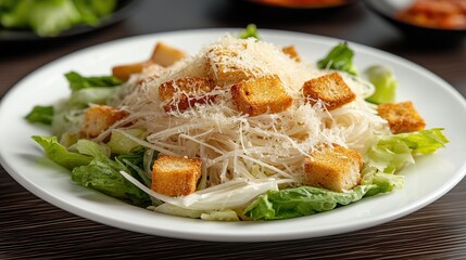 Caesar salad with croutons and parmesan cheese on a white plate.