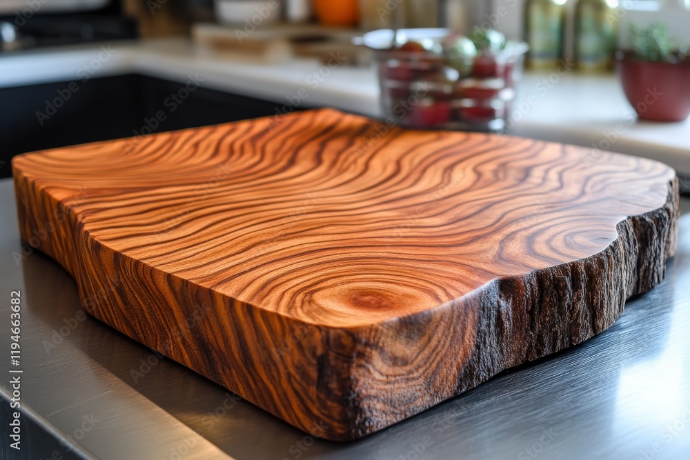 Poster a stunning live edge wooden slab displaying intricate natural patterns and rich colors, serving as a
