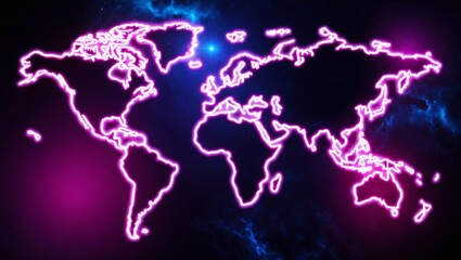 A glowing, neon map of the world with bright, electric lines connecting continents, set against a dark cosmic background. The map is outlined in pink and blue hues