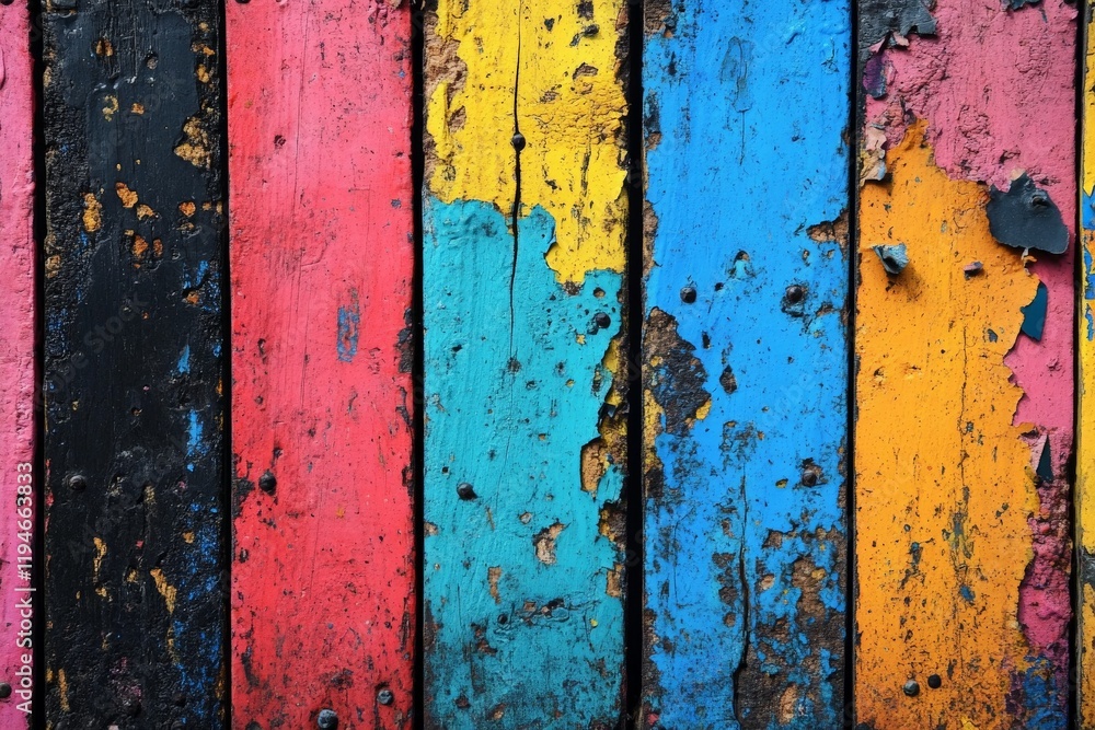 Poster a vivid and colorful wooden fence featuring vibrant peeling paint layers, each panel showcasing uniq