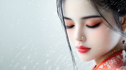 Intricate close-up shot of frosted glass shaped like a Chinese Hanfu with a bamboo backdrop, white and vermilion porcelain detailing, ultra-realistic, photo-realistic, highly detailed 