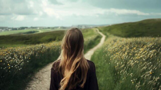 woman with flowing hair and a meandering path leading into the horizon