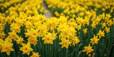 Obraz premium Vibrant yellow daffodil flowers blooming in a vast field, vibrant, yellow