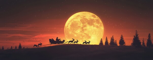 Santa Claus driving a sleigh through the night sky with reindeer, silhouetted against the moon, 4k photo.