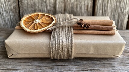 Fototapeta premium Rustic Gift Wrapped in Kraft Paper with Cinnamon and Dried Orange