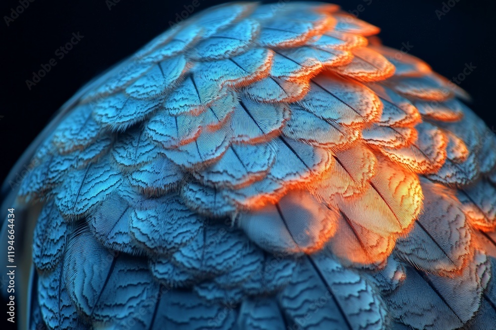Poster a mesmerizing close-up of vibrant blue and orange feathers showcasing intricate patterns, evoking no