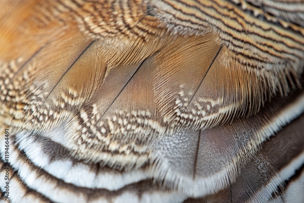 Poster a detailed view of brown feathers with fine stripes, illustrating the natural texture and subtle com