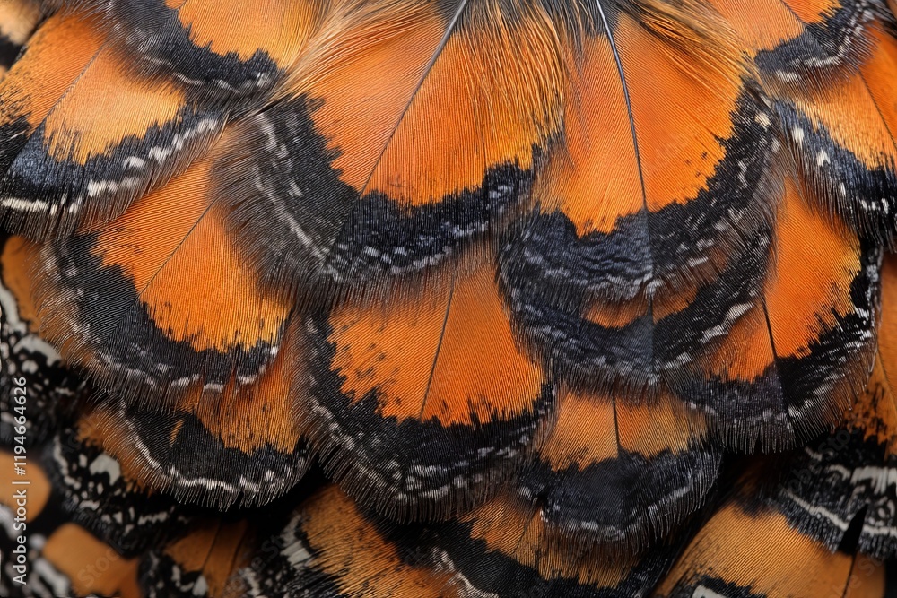 Poster an expertly focused image capturing the distinct orange and black detailing of feathers, demonstrati