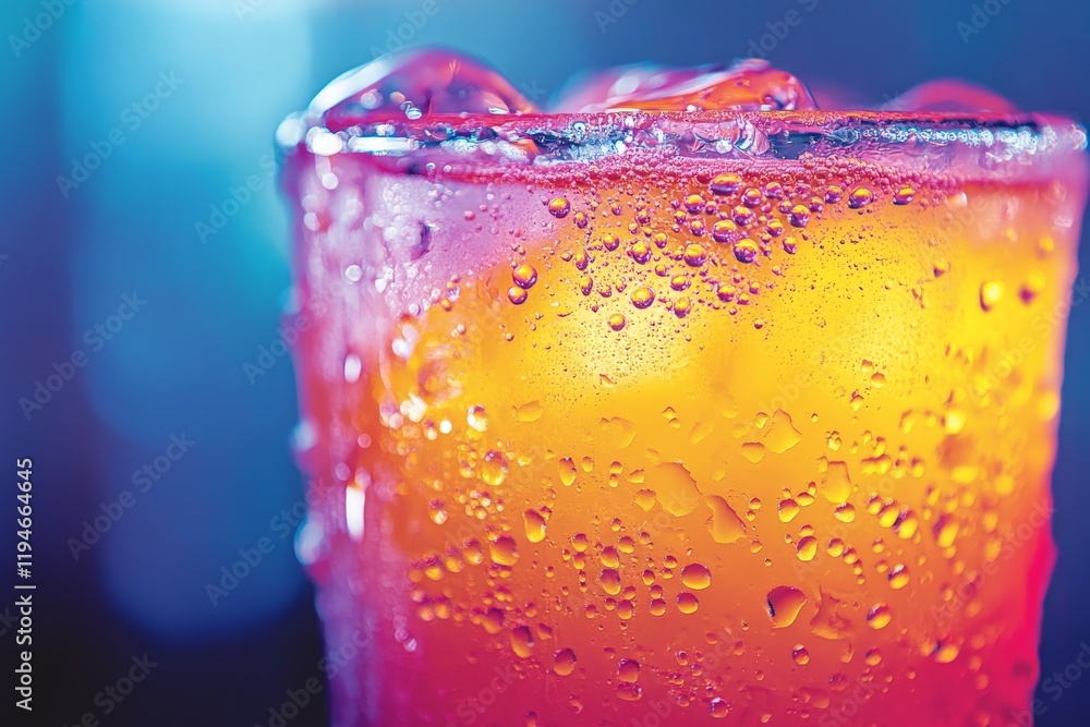 Poster a colorful fizzy drink with a vibrant blend of orange and pink hues, creating an appealing freshness