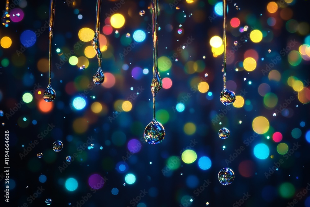 Poster colorful water droplets suspended against a vibrant bokeh background, capturing an enchanting interp