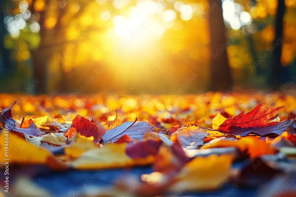 Poster a beautiful autumn scene with colorful leaves scattered on the ground and sunlight softly shining th