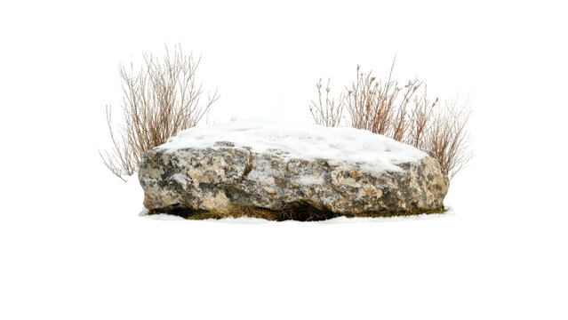 Snowy Mountain Range, Large rock covered in snow on transparent background with sparse vegetation.