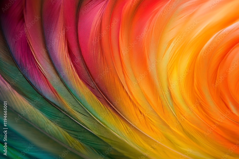 Poster a stunning abstract art piece featuring feathers in a vibrant spectrum, merging rich hues with intri