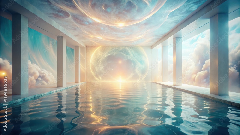Poster serene indoor pool with celestial mural and cloud views