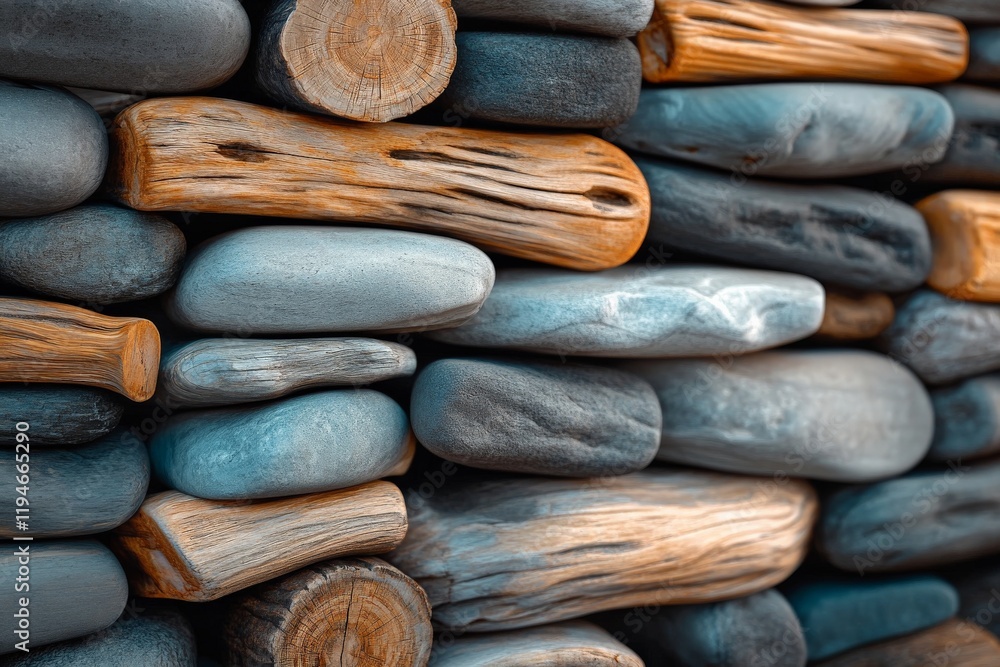 Poster An artistic display of neatly stacked wood pieces and smooth rocks, showcasing a balance of textures and colors, encapsulating natural beauty and creativity in design.