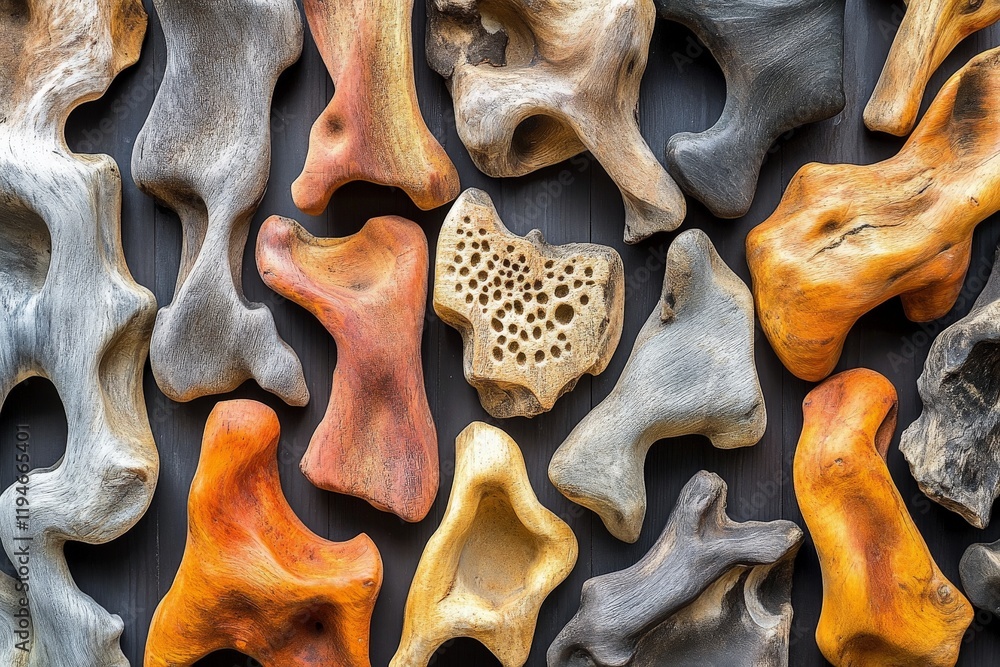 Poster an array of vibrantly colored, coral-like driftwood pieces featuring rich textures and vivid hues, i