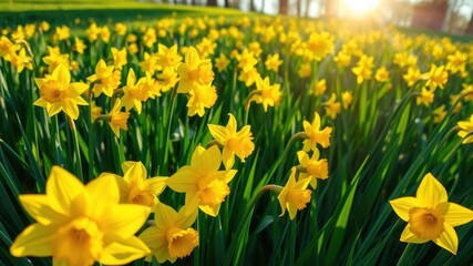 Obraz premium Bright yellow daffodil flowers blooming in a lush green field under the sun, flowers, nature