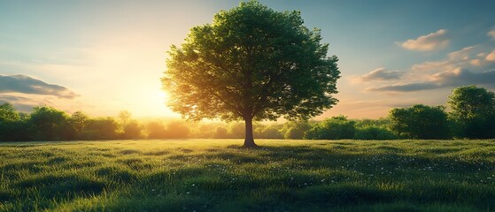 Solitary tree in a sunlit meadow at sunset.