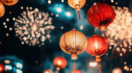 Obraz premium Celebrate with Colorful Chinese Lanterns and Fireworks Display, Perfect for Festive Decorations and Events