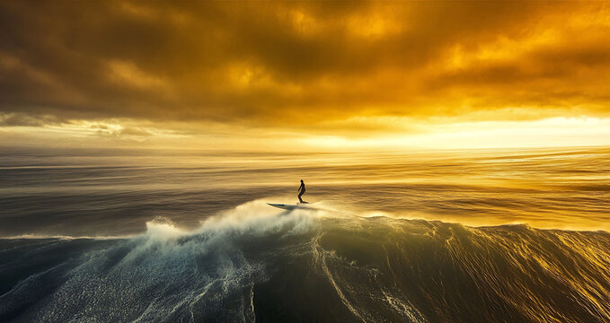 Dramatic surfer silhouette riding a powerful wave at golden hour.  Epic ocean sunset backdrop, perfect for adventure, travel, and sports themes. Ideal for websites, magazines, and social media.