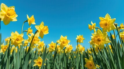 A vibrant field of daffodil flowers in full bloom under a clear blue sky, environment, nature