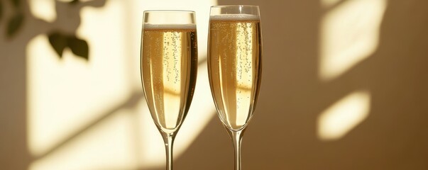 Sparkling champagne glasses clinking at a celebration, luxurious party vibe, bright and festive atmosphere.