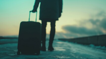A traveler stands on a quiet path, holding a suitcase, ready to return home as dusk settles over the horizon