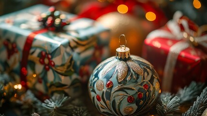 Festive Christmas Gifts and Ornaments Close-Up
