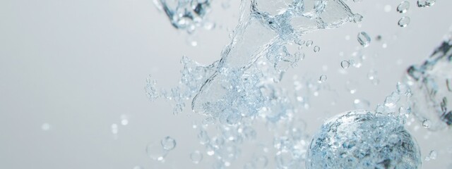Close-up view of water molecules floating in the air with blue and white colors against a light gray background