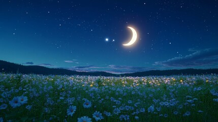 Night Sky Moonlit Flower Field Serene Landscape