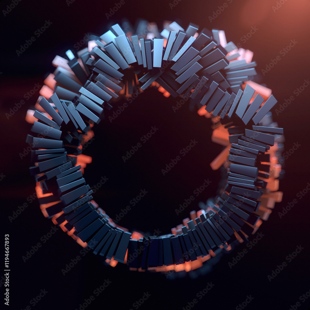 Fototapete Metallic ring-shaped rectangular elements in a digital illustration on a dark background. 3d rendering