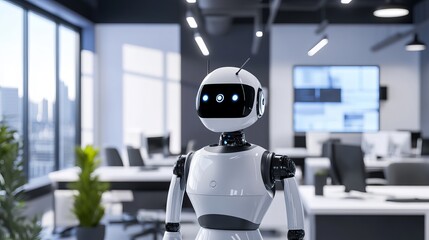 A robot engaging in advanced telepresence interactions in a modern office, with interactive screens and a professional environment, Telepresence tech style